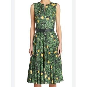 Akris Buttercup Floral A-Line Sleeveless Designer Midi Dress Green Size 4